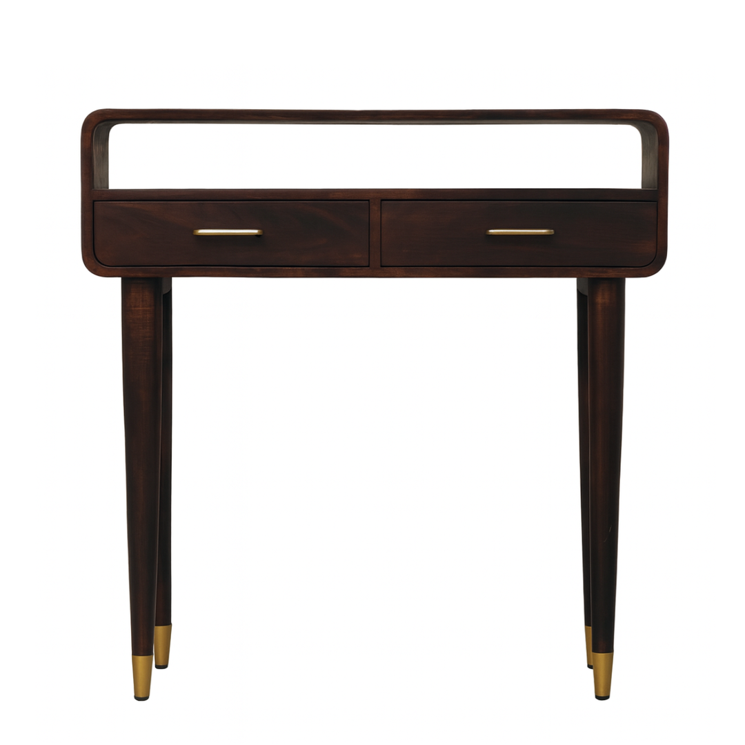 Wooden console table with two drawers and gold accents on a white background