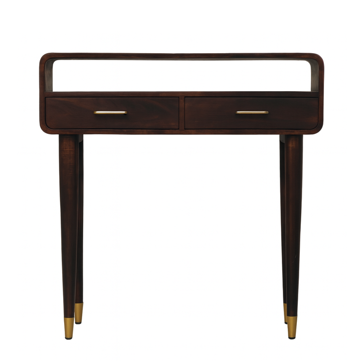 Wooden console table with two drawers and gold accents on a white background