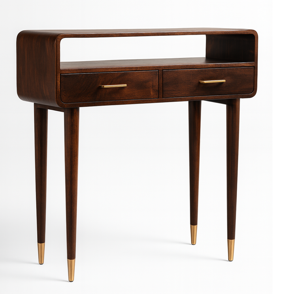 Wooden console table with two drawers and gold accents on a white background
