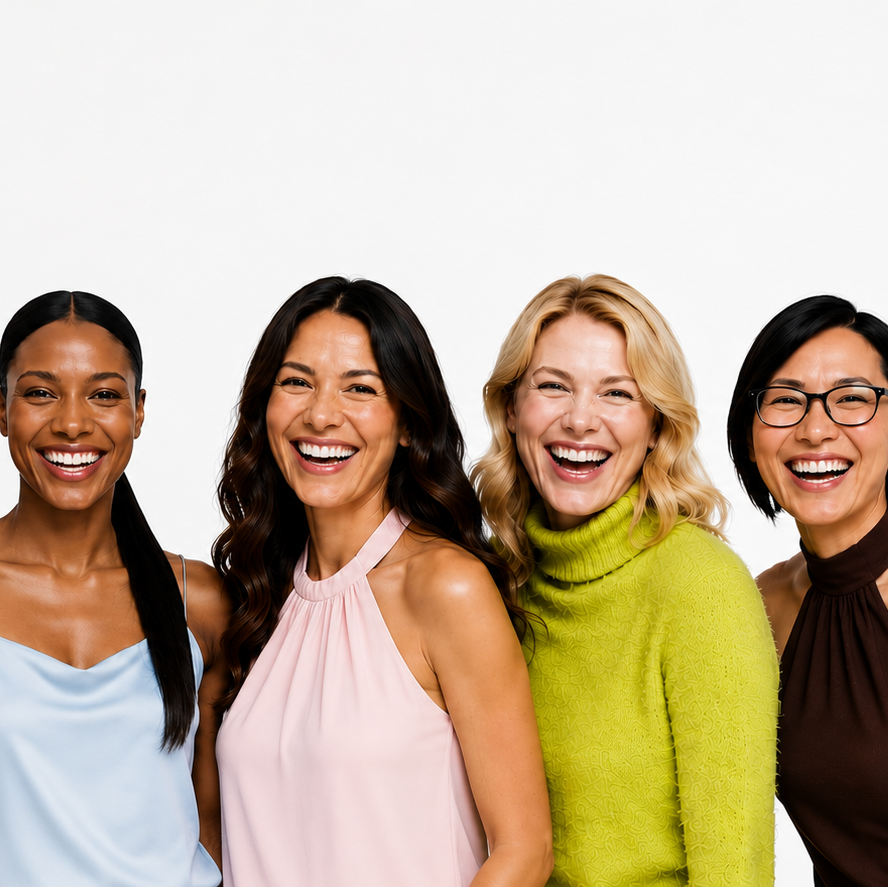 Five women of different ethnicities and styles standing together against a white background