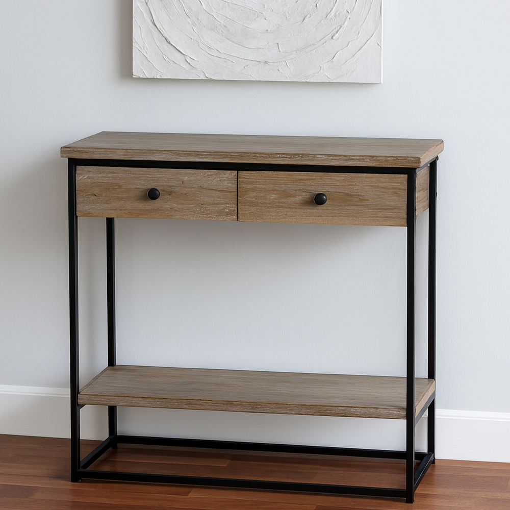 Baxton Studio Silas Modern Industrial Natural Brown Finished Wood and Black Metal 2-Drawer Console Table
