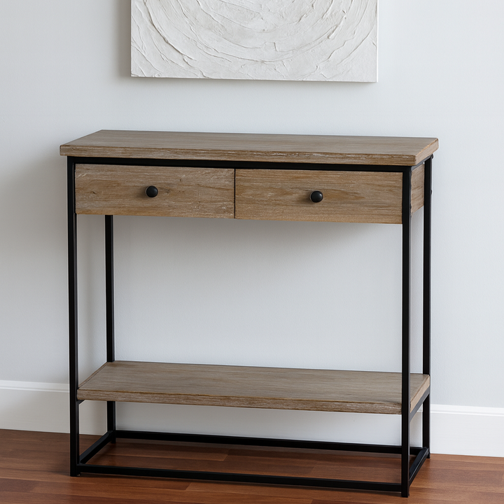 Baxton Studio Silas Modern Industrial Natural Brown Finished Wood and Black Metal 2-Drawer Console Table
