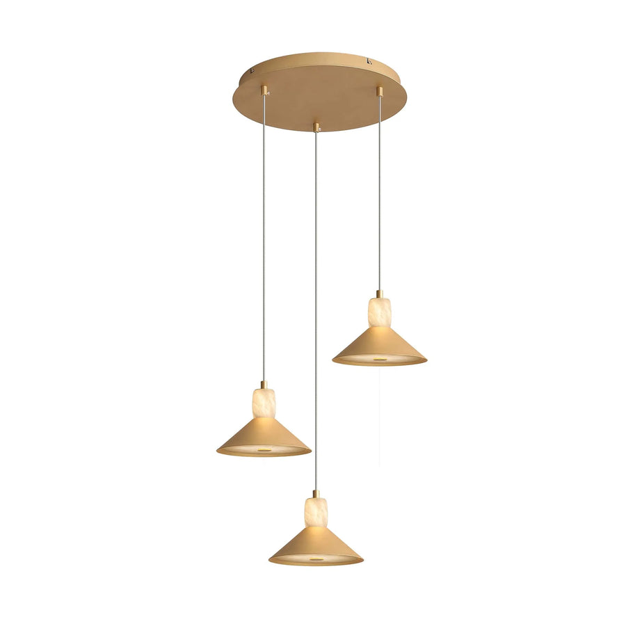 Set of three pendant lights with a beige finish on a white background