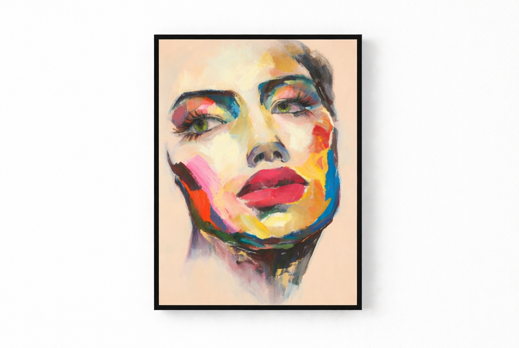 Framed colorful art print of a  woman's face on a white wall. 