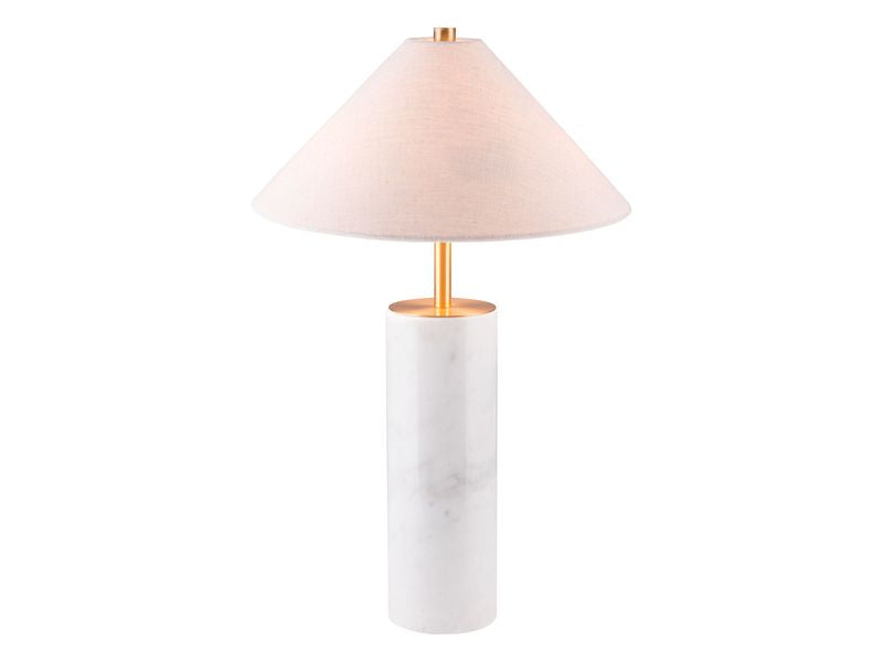 A modern table lamp with a white marble cylindrical base, a gold-finished stem, and a tapered off-white fabric shade, shown against a plain white background.