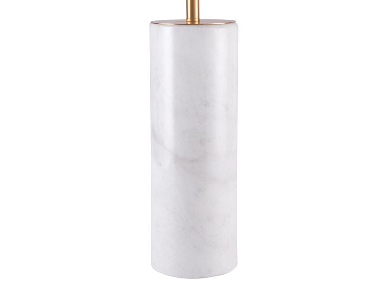 A modern cylindrical table lamp base made of white marble with subtle gray veining, topped with a polished gold-finished metal collar and stem. 