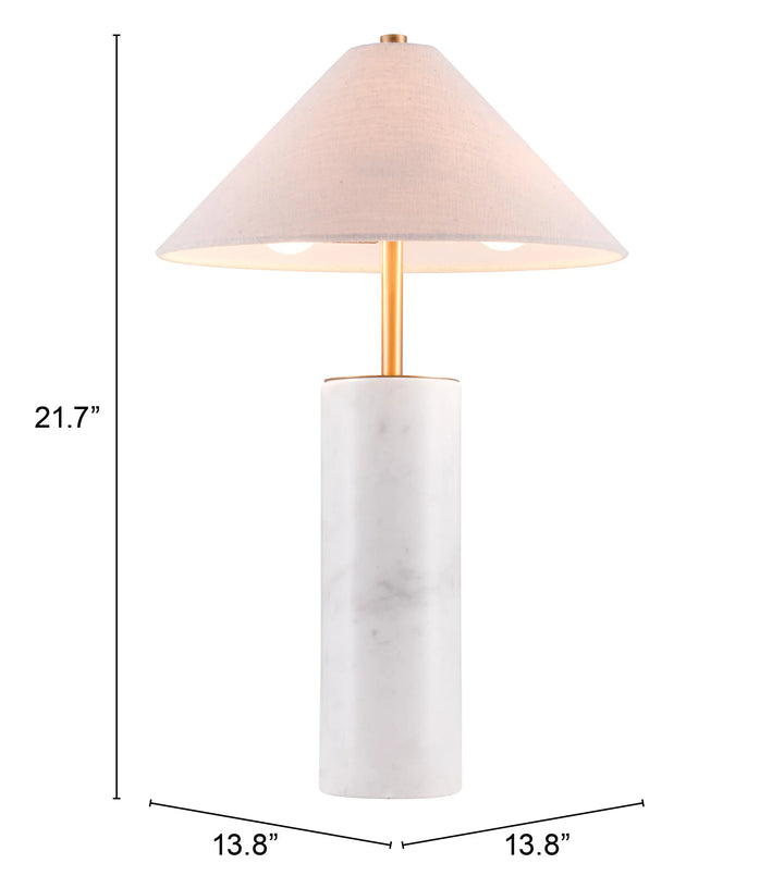 Table lamp with marble base and pink shade, dimensions indicated. 