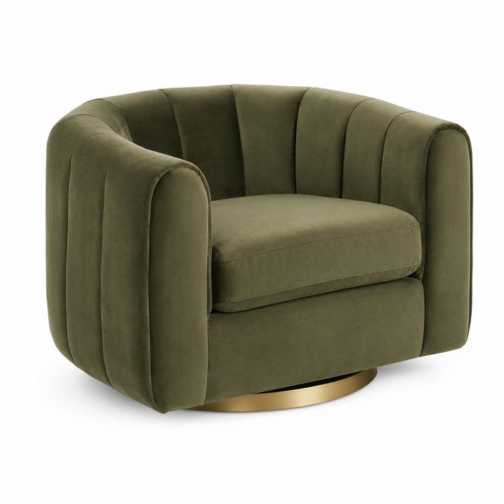 An olive green velvet barrel chair with a gold-finished circular swivel base, shown on a solid white background.