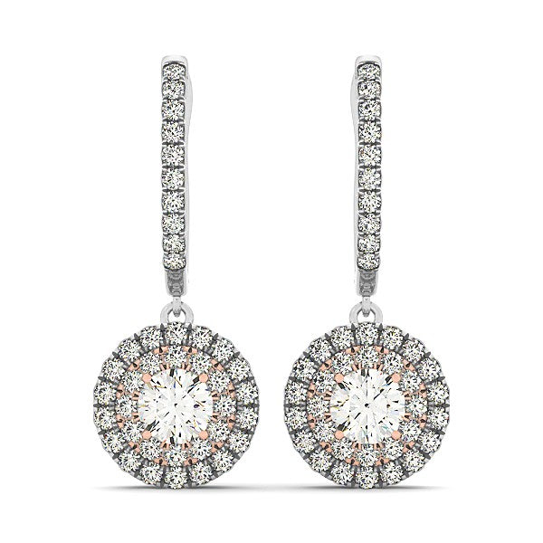 Boucles d'oreilles pendantes en or blanc et rose 14 carats avec diamants et motif halo (3/4 ct)