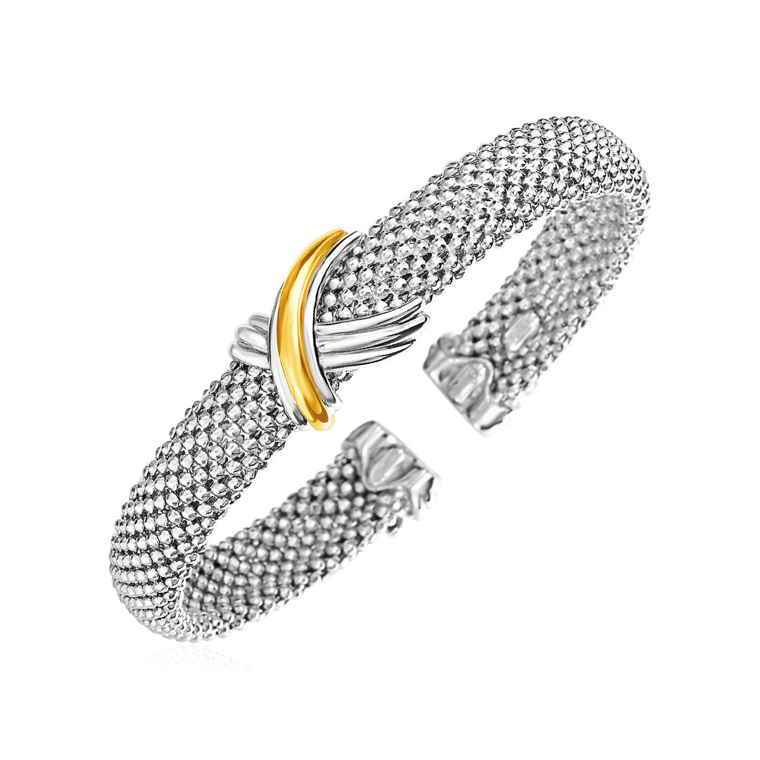 Bracelet manchette à texture popcorn avec motif X en argent sterling et or jaune 18 carats (10,00 mm)