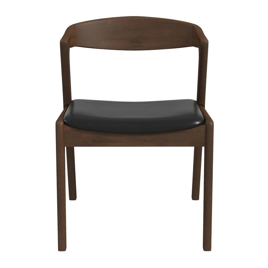 Brown wooden chair with black cushion on a white background