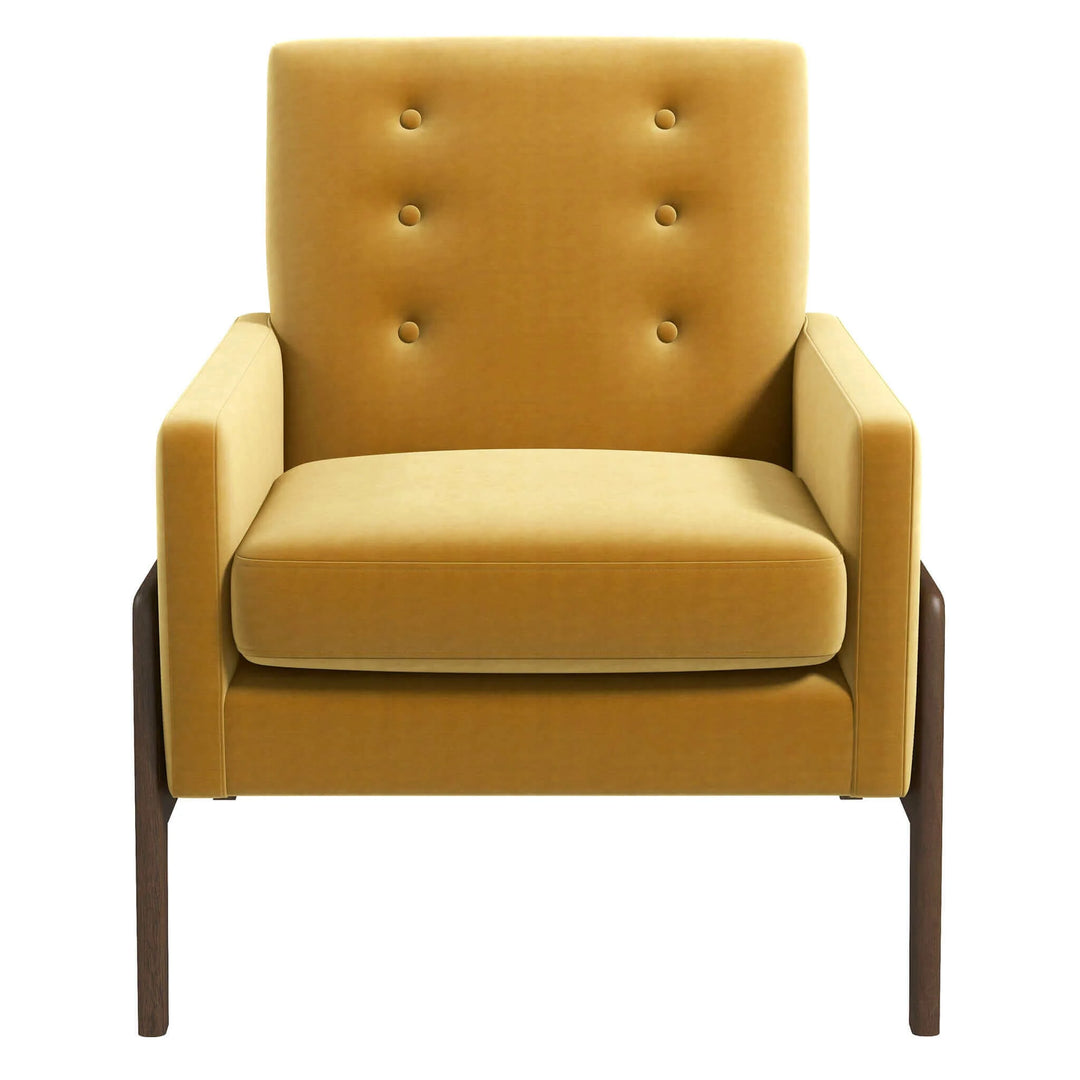 Make a statement in your living room with this mid-century-inspired Cole Mid-Century Modern lounge chair. Founded atop four walnut-finished legs, this piece is crafted with a solid wood frame and high-density foam padding, which lends comfort to the seat. Upholstered in durable, high-quality velvet, this tasteful piece features elegant square arms for convenience.