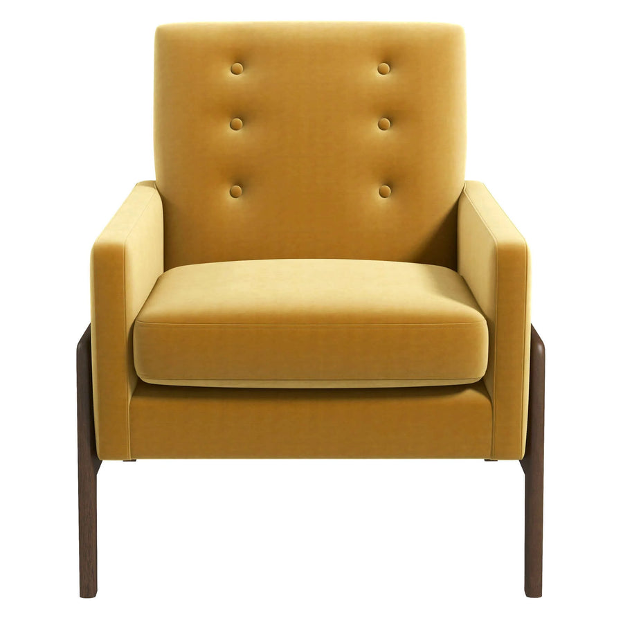 Make a statement in your living room with this mid-century-inspired Cole Mid-Century Modern lounge chair. Founded atop four walnut-finished legs, this piece is crafted with a solid wood frame and high-density foam padding, which lends comfort to the seat. Upholstered in durable, high-quality velvet, this tasteful piece features elegant square arms for convenience.