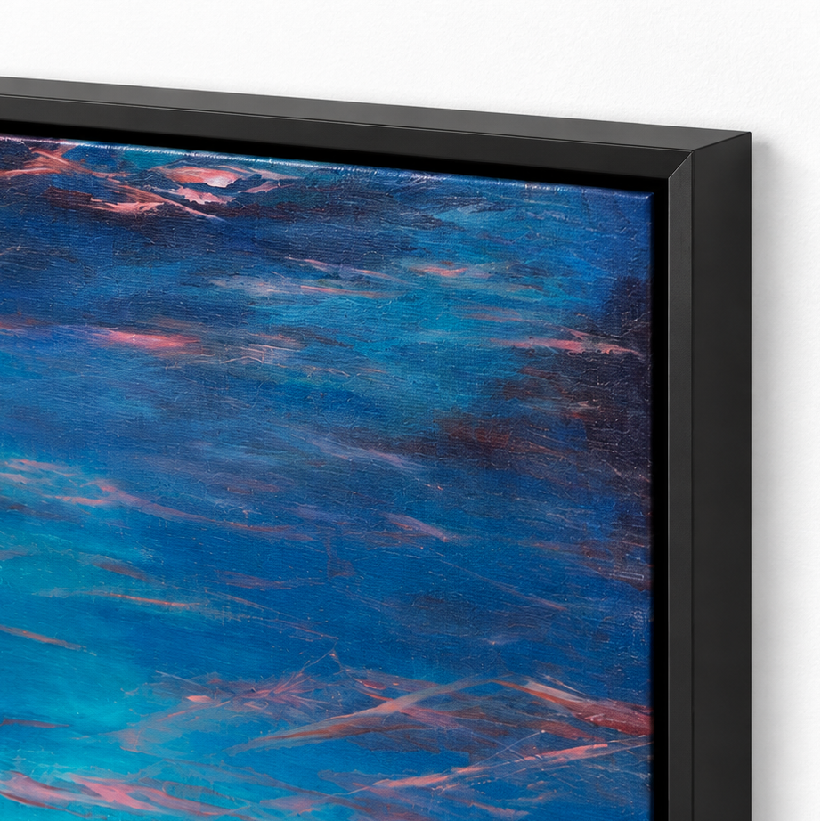 Close-up of a framed abstract painting with swirling blue, turquoise, and pink brushstrokes inside a black frame against a white wall.