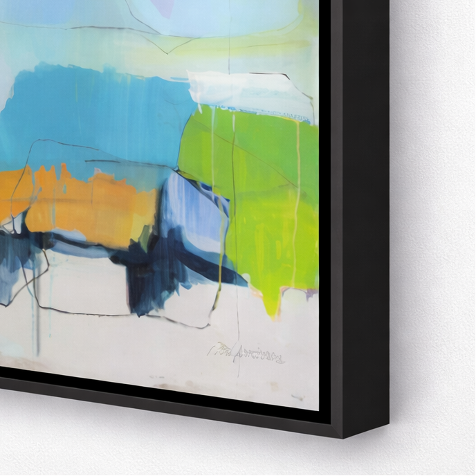 Abstract art piece with colorful brush strokes in a black frame.