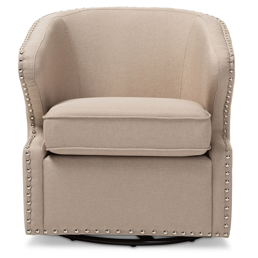 Beige armchair with nailhead trim on a white background