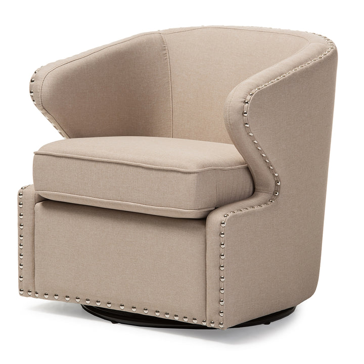 Beige swivel chair with nailhead trim on a white background