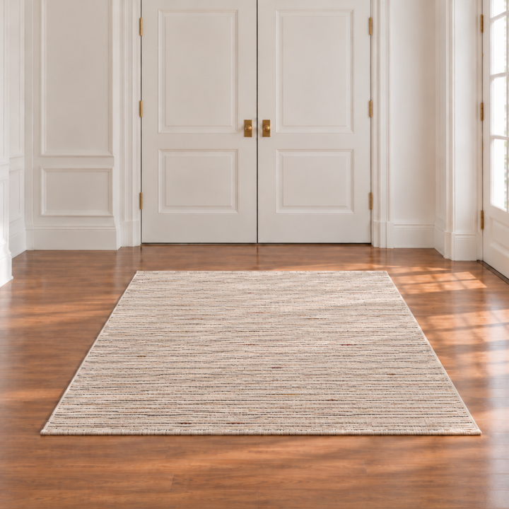 A rectangular area rug with a textured, woven jute-like pattern in beige and light brown, placed on a polished hardwood floor in a bright entryway with white paneled doors and windows.  