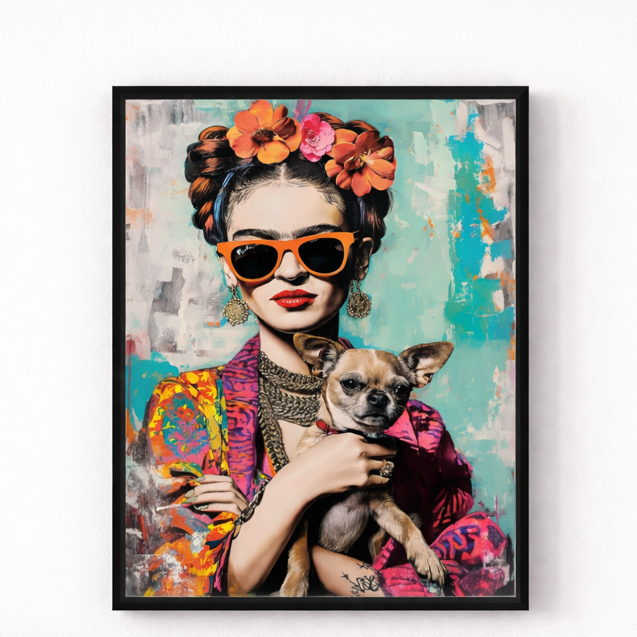 Framed artwork of a woman with a dog, wearing sunglasses and a colorful outfit, on a textured background.