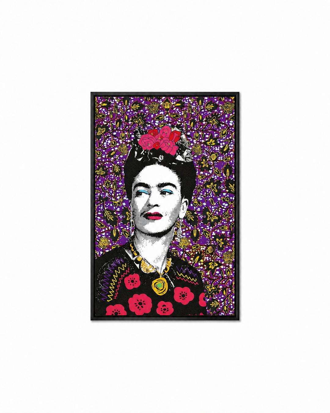 Frida Kahlo portrait with floral design on a white background