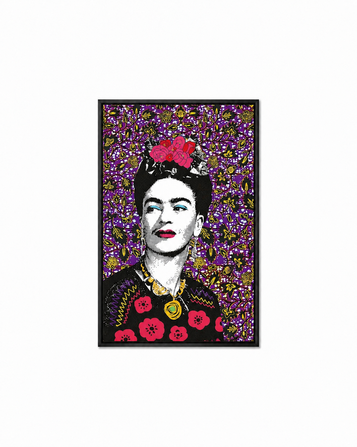 Frida Kahlo portrait with floral design on a white background