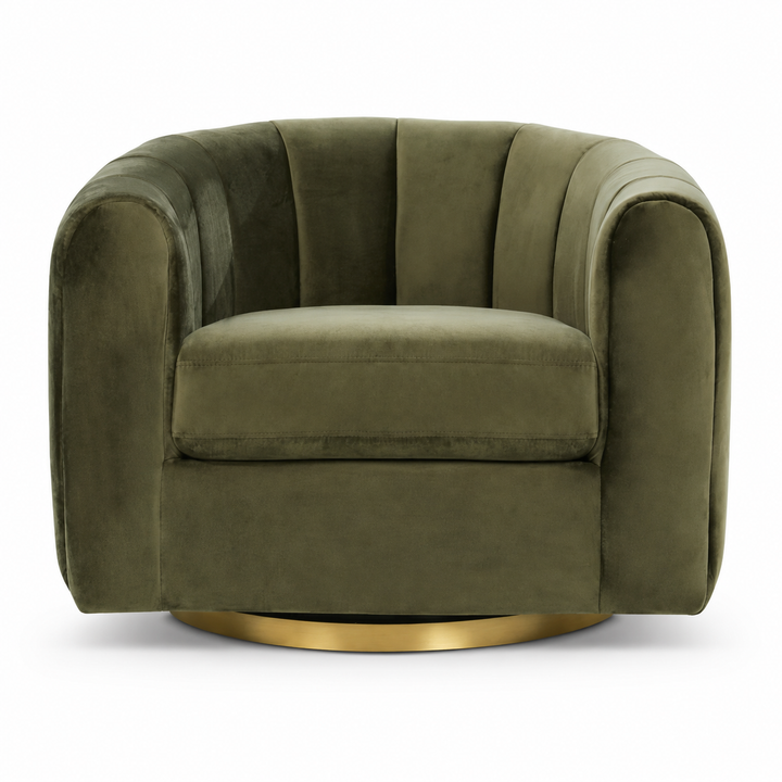 An olive green velvet swivel armchair with a gold metal base, shown against a plain white background.