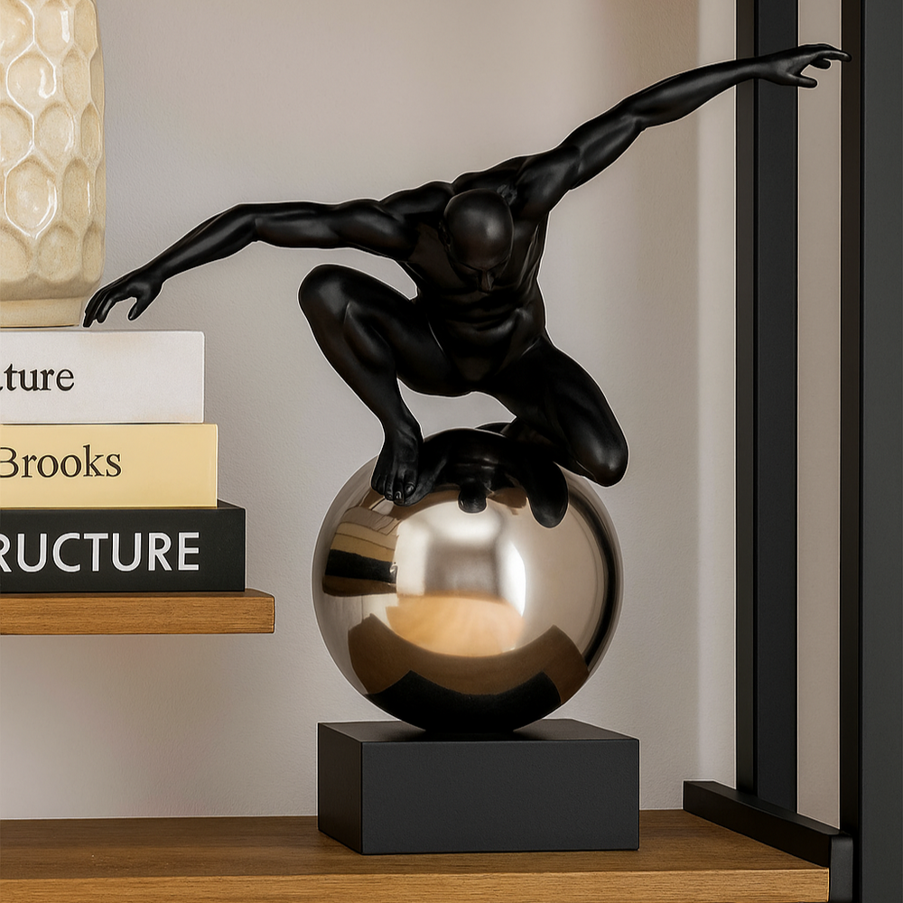 The sculpture is inspired by the emotional tension of maintaining balance and control amid life’s constant motion.