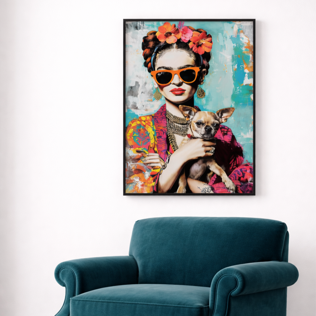Colorful Frida Kahlo–inspired portrait of a woman wearing orange sunglasses and floral headpiece, holding a small dog, displayed in a black frame on a bright white wall above a black armchair on a dark, glossy wood floor.
