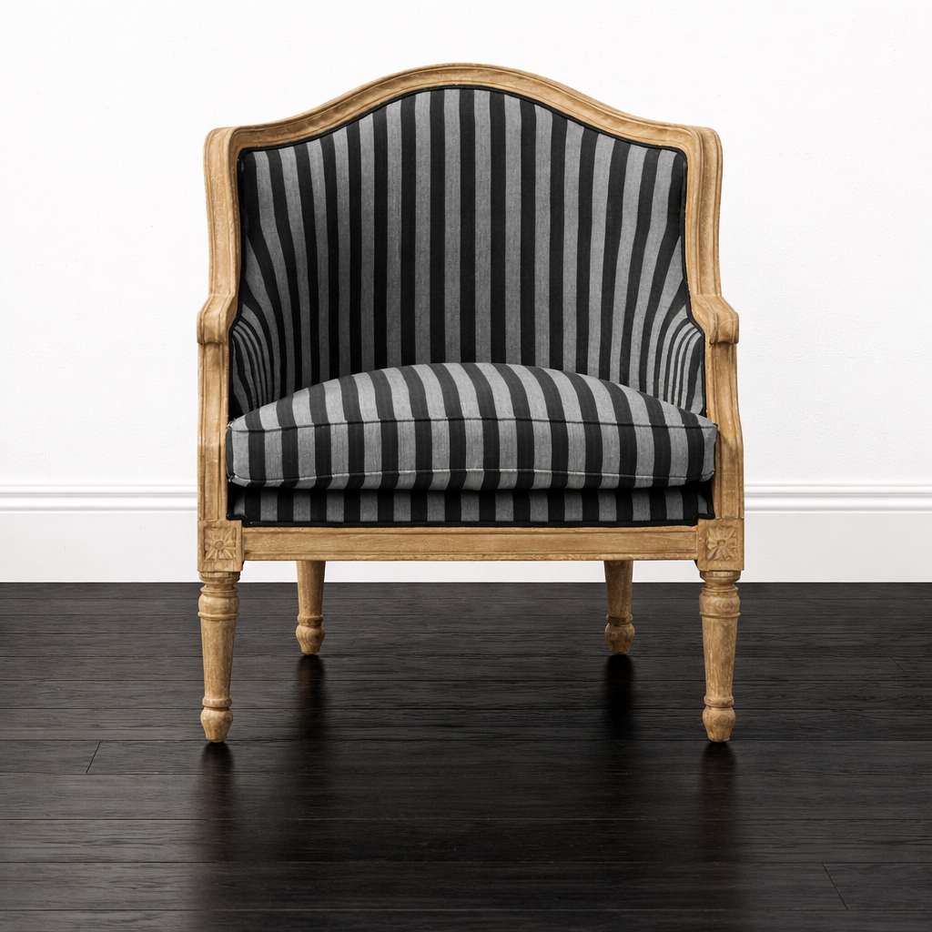 Charlemagne Traditional French Black and Grey Striped Accent Chair