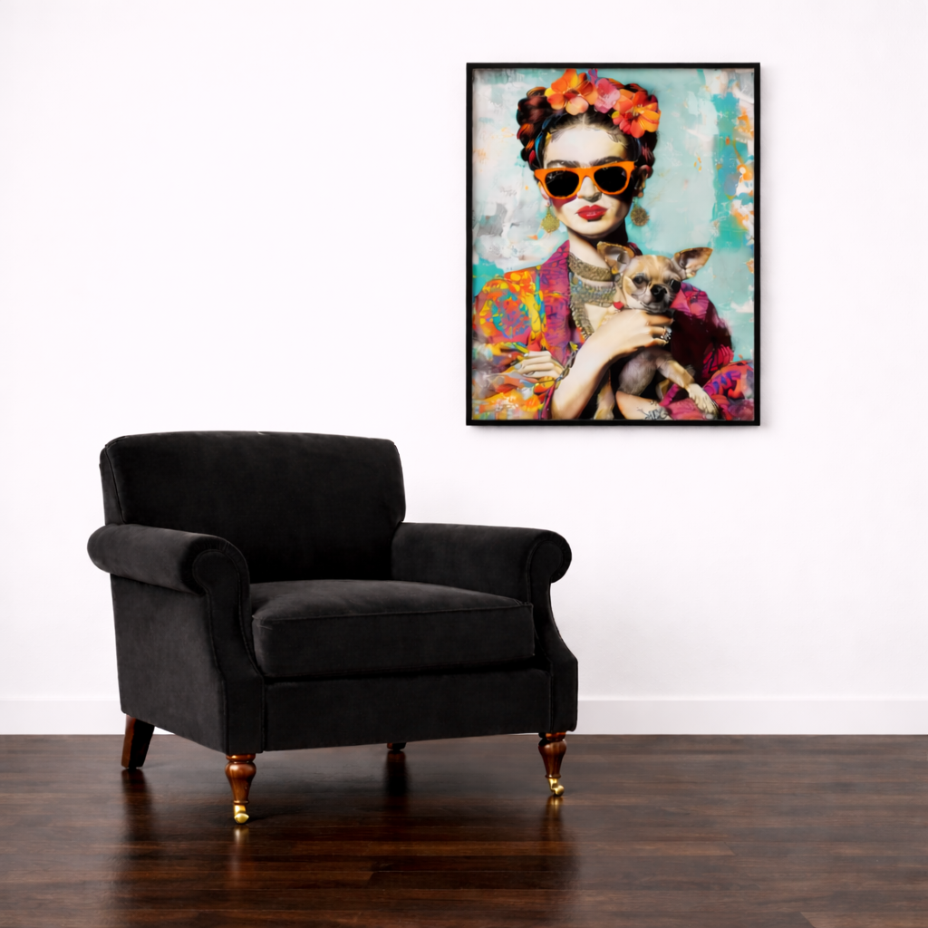Colorful Frida Kahlo–inspired portrait of a woman wearing orange sunglasses and floral headpiece, holding a small dog, displayed in a black frame on a bright white wall above a black armchair on a dark, glossy wood floor.