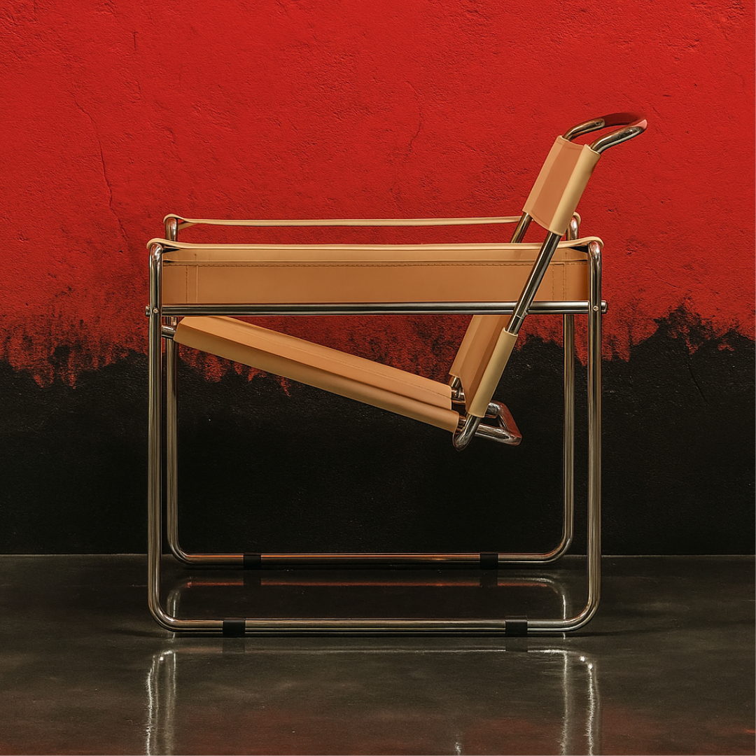 Inspired by the iconic Wassily Chair by Marcel Breuer, the Jericho Tan Leather Mid-Century Modern Accent Chair captures the sleek Bauhaus spirit with its chrome frame and minimalist leather strap design
