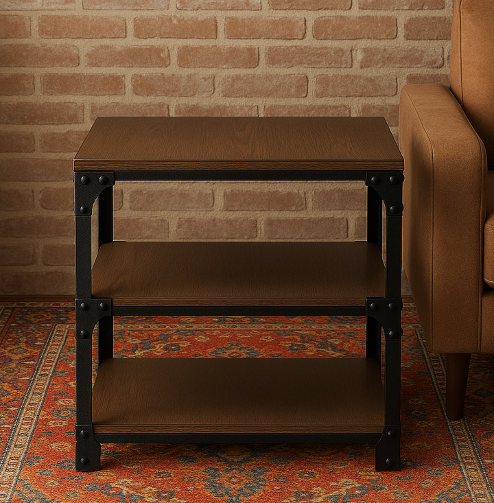 Vintage Industrial Antique Bronze Metal and Distressed Wood End Table