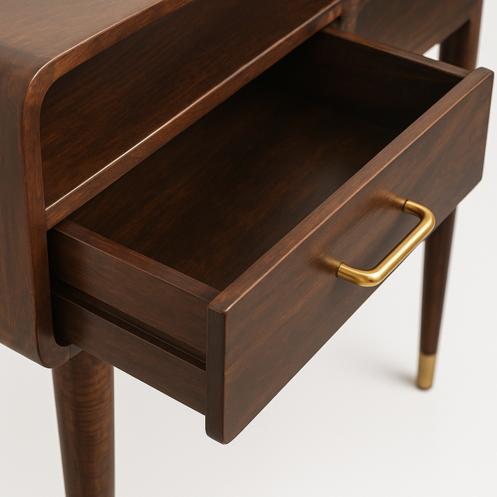 Wooden side table with an open drawer and gold handle on a white background