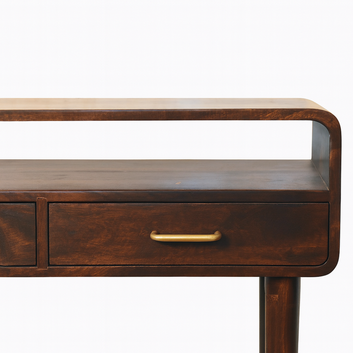 Wooden desk with a single drawer and gold handle on a white background