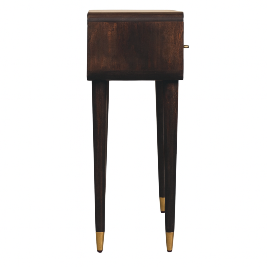 Wooden side table with gold accents on a white background