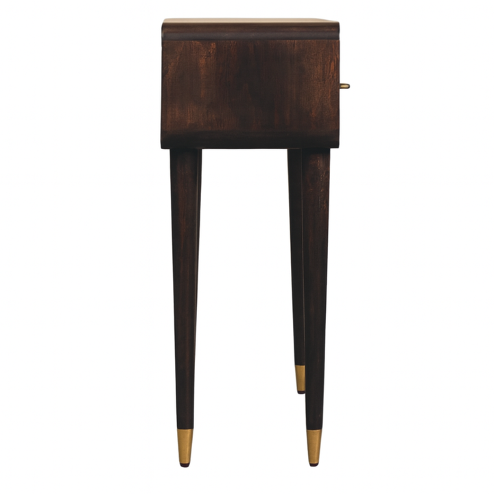 Wooden side table with gold accents on a white background