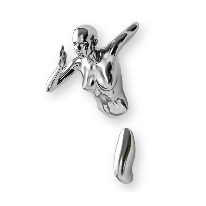 Metallic sculpture of a figure and a sphere on a white background