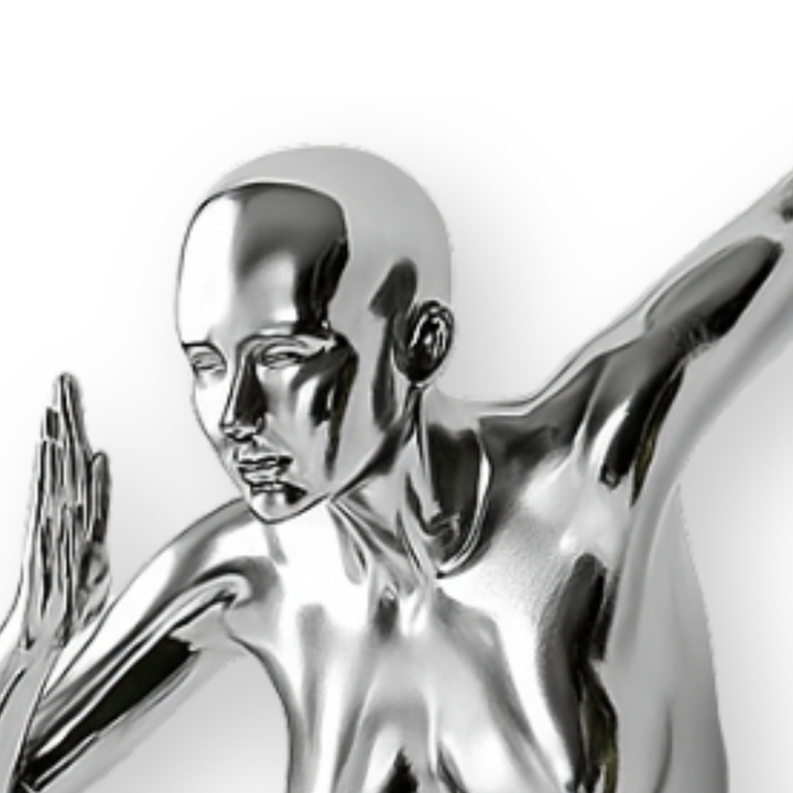 Metallic statue of a figure with a raised hand on a white background