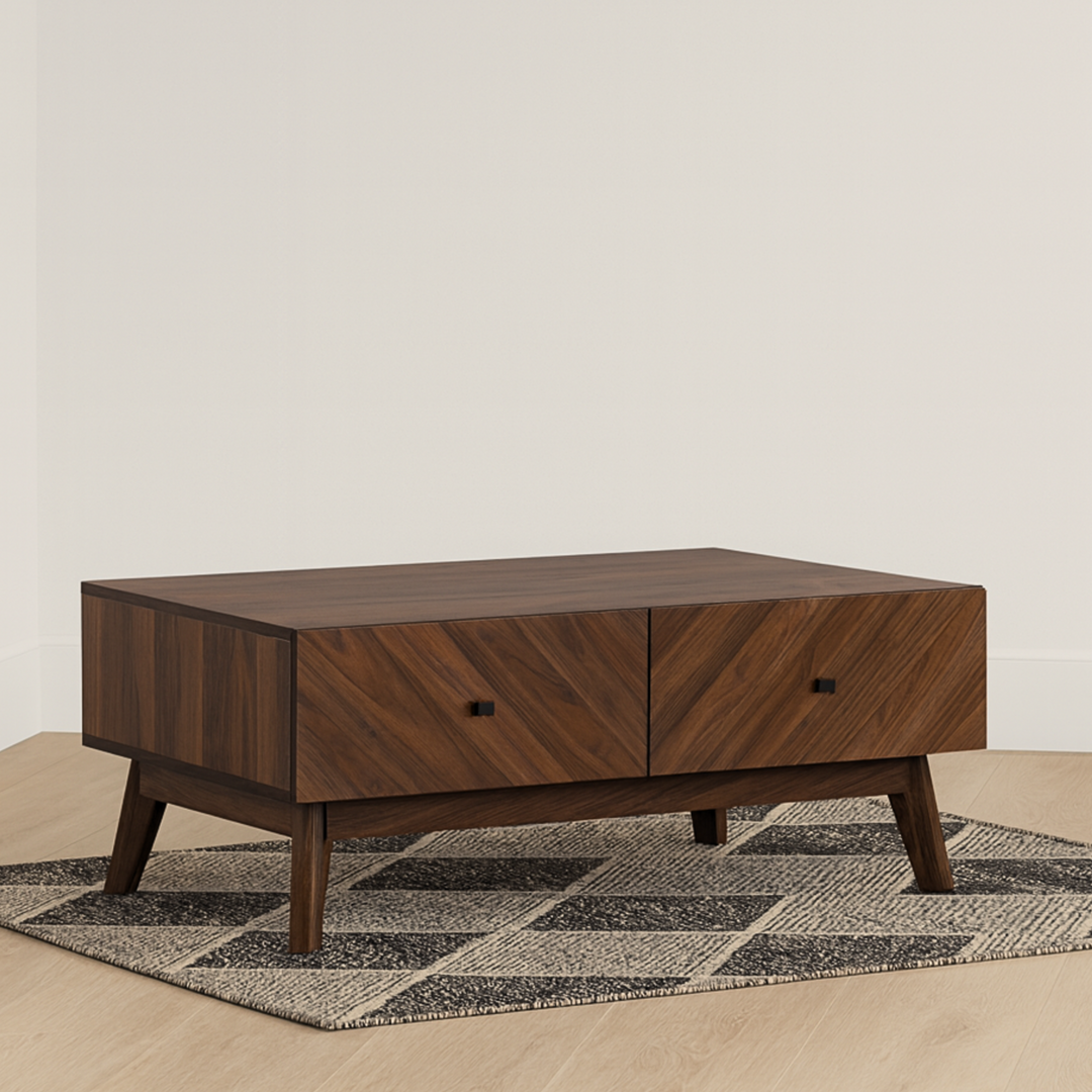 Wooden coffee table with two drawers on a light wooden floor with a patterned rug.