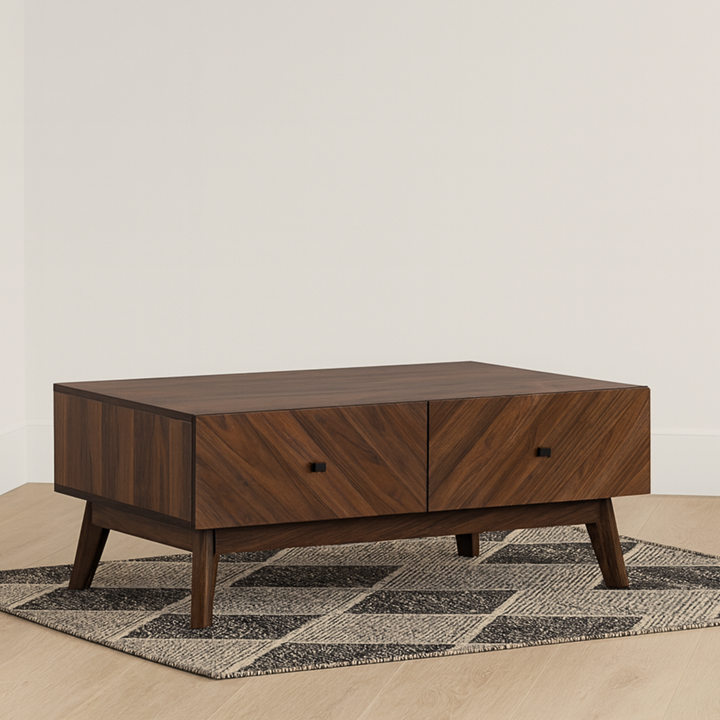 Wooden coffee table with two drawers on a light wooden floor with a patterned rug.
