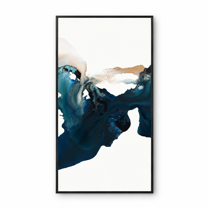 A framed abstract art print featuring fluid, organic shapes in deep navy blue, teal, cream, and tan on a white background, enclosed in a thin black frame.