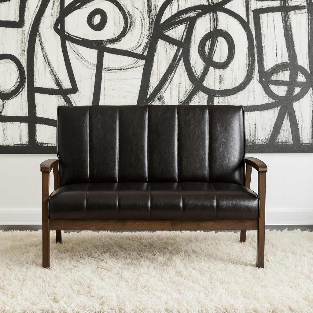 Modern Scandinavian Style Black Faux Leather Wooden 2-Seater Loveseat