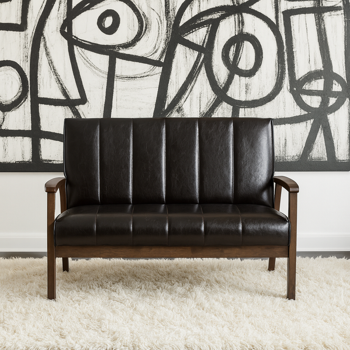 Modern Scandinavian Style Black Faux Leather Wooden 2-Seater Loveseat