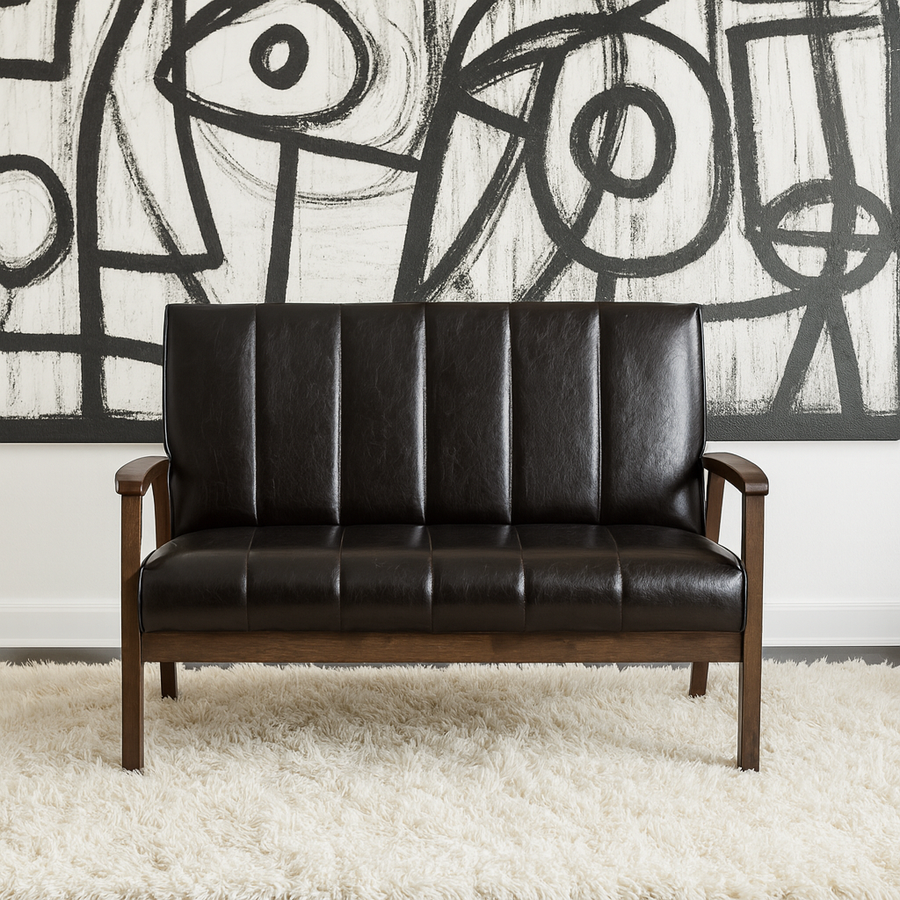 Modern Scandinavian Style Black Faux Leather Wooden 2-Seater Loveseat