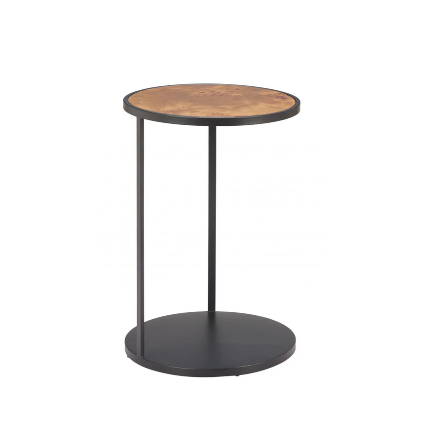 Small round side table with wooden top and black metal legs on a white background