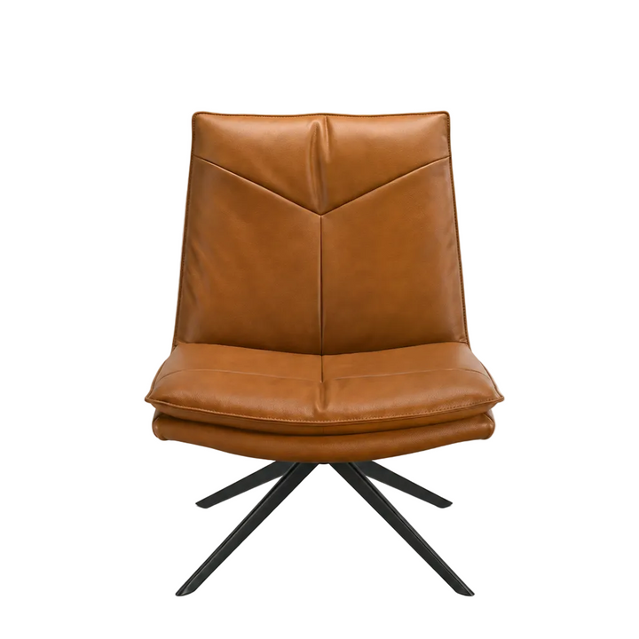 Brown leather chair with black metal base on a white background