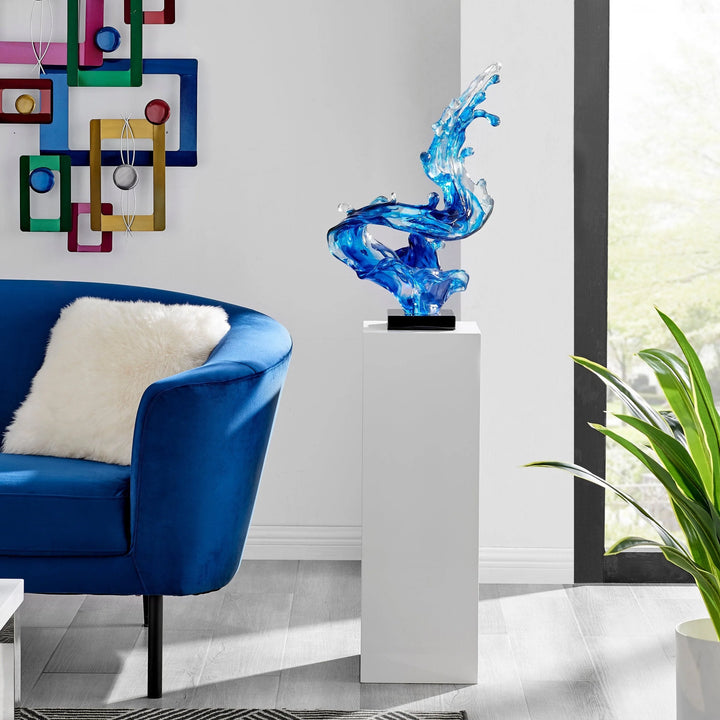 Sculpture de sol Ocean Blue Cortes Bay Wave avec support blanc, 43" de hauteur