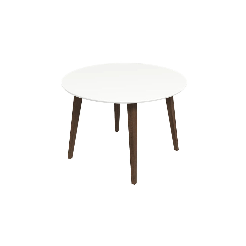 Round white table with wooden legs on a white background