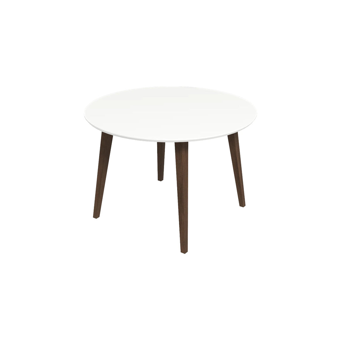 Round white table with wooden legs on a white background