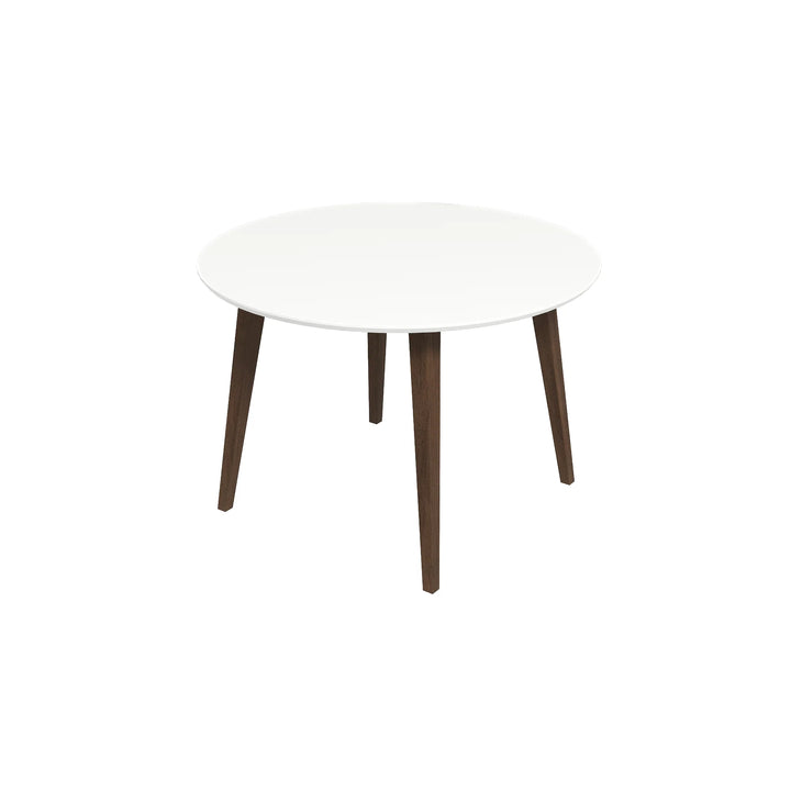 Round white table with wooden legs on a white background